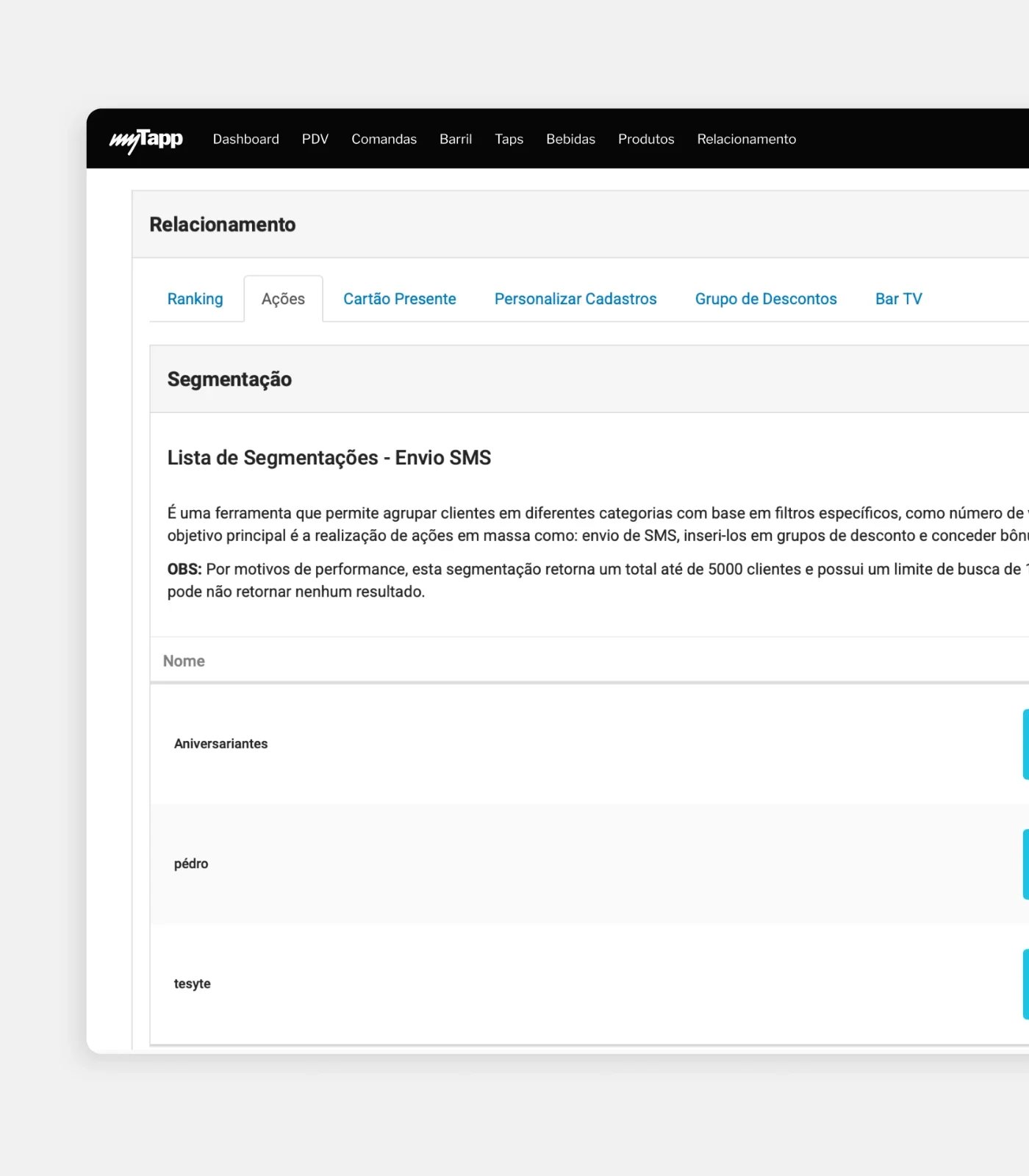 Tela do sistema myTapp mostrando funções de CRM