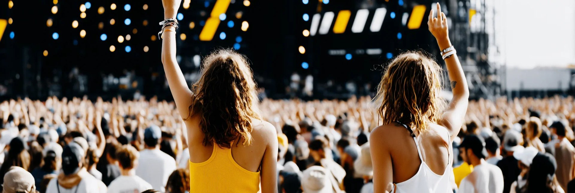 Duas pessoas levantam os braços diante de uma grande multidão em um festival de música ao ar livre, com um palco iluminado e luzes desfocadas ao fundo.