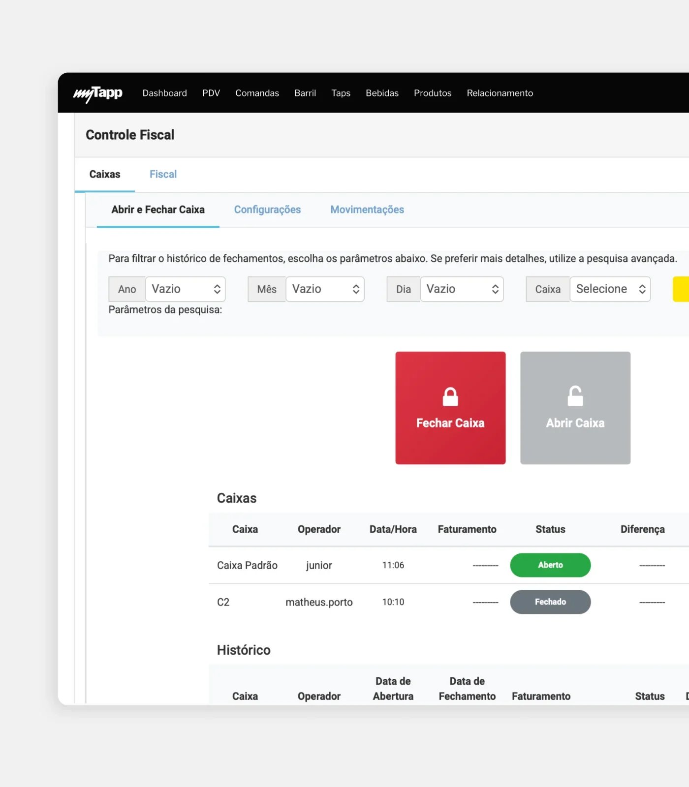 Tela do sistema myTapp mostrando funções de gestão de caixa