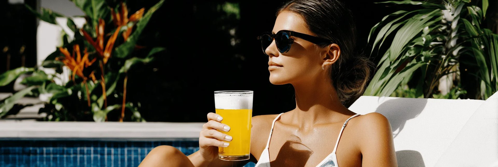 Uma mulher usando óculos de sol relaxa à beira da piscina enquanto segura um copo de cerveja, cercada por vegetação tropical e luz natural intensa.