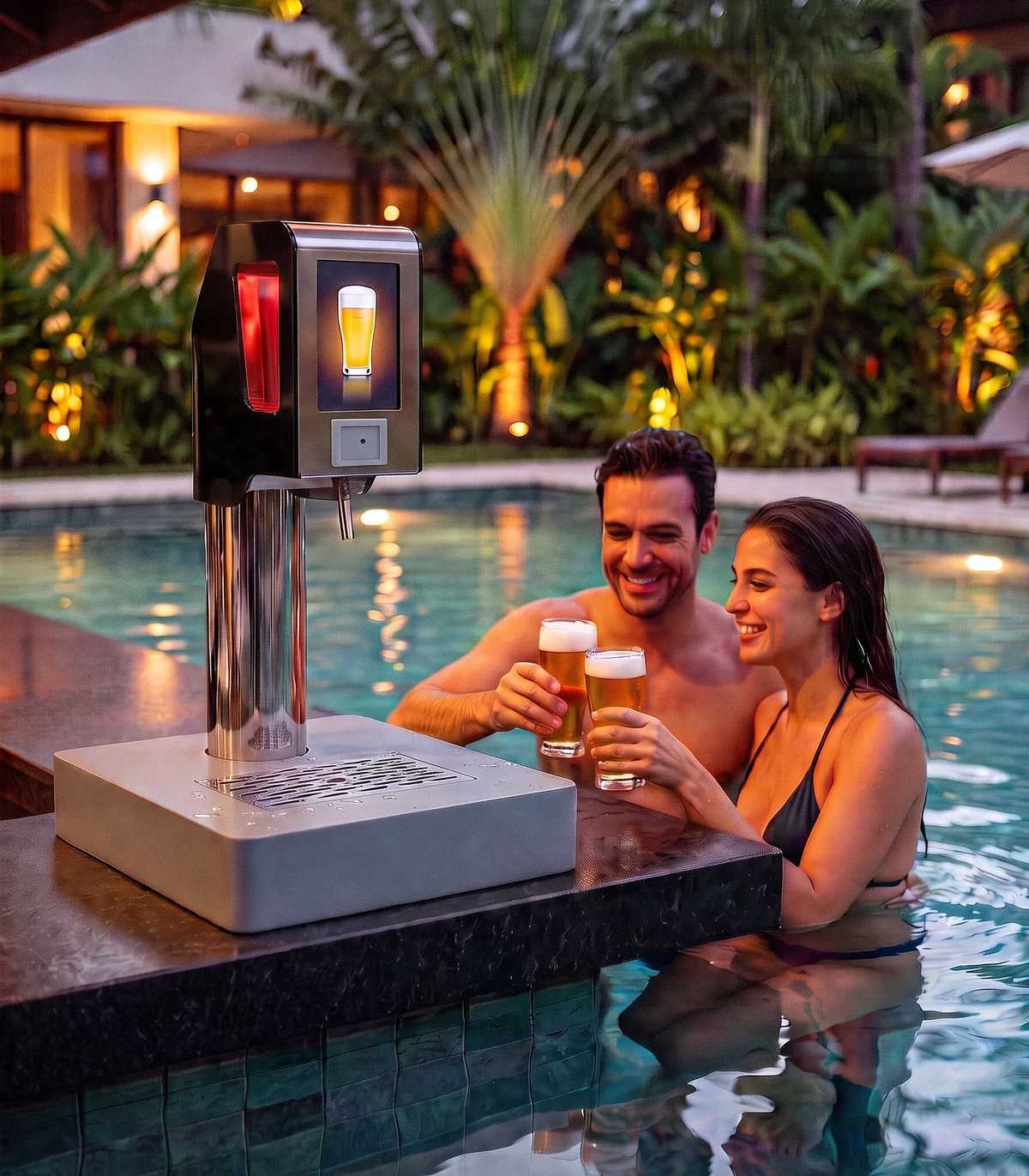 Casal dentro da piscina de um hotel com chopp servido na torre do Bar Molhado myTapp, com tela e leitor de pulseira no topo